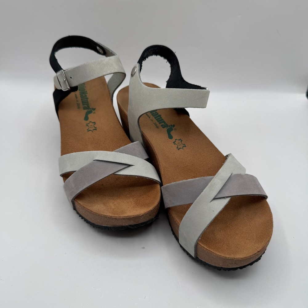 BioNatura Wedge Sandals Womens 37 Grey Leather Ankle Strap Cork Platform Italy